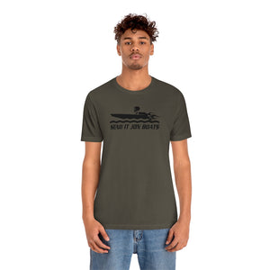 Man in an olive green short sleeve tee with "SEND IT JON BOATS" graphic and boat design.
