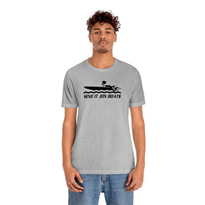 Light gray short sleeve tee with "SEND IT JON BOATS" graphic featuring a black speed boat.