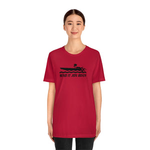 Woman wearing a red short sleeve tee with a black "SEND IT JON BOATS" graphic of a boat.