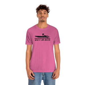 Pink short sleeve tee with "SEND IT JON BOATS" graphic featuring a speed boat.
