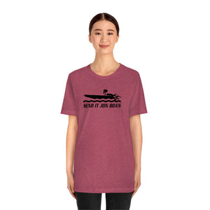 Woman wearing a heather maroon short-sleeve tee with "SEND IT JON BOATS" graphic.