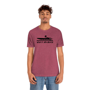 Heather maroon short sleeve tee with "SEND IT JON BOATS" graphic featuring a speed boat.