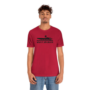 Man in red short sleeve tee with "SEND IT JON BOATS" graphic and boat design.