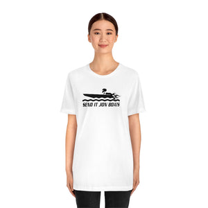 Woman wearing a white short sleeve tee with a black "SEND IT JON BOATS" graphic.