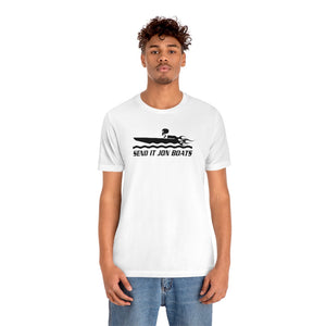 White short sleeve tee with "SEND IT JON BOATS" graphic and speed boat design.