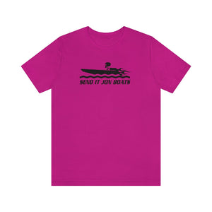 Fuchsia short sleeve tee with black "SEND IT JON BOATS" graphic featuring a speed boat.