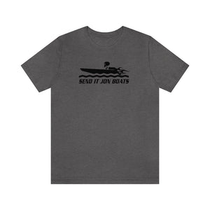 Charcoal gray short sleeve tee with "SEND IT JON BOATS" text and a black speedboat graphic.