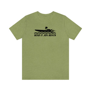 Light green short sleeve tee with black "SEND IT JON BOATS" text and a boat graphic.