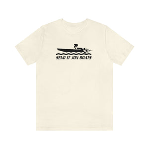 Cream short sleeve tee with black "SEND IT JON BOATS" graphic featuring a speed boat.