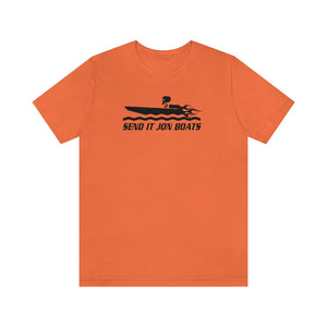 Orange short sleeve tee with black "SEND IT JON BOATS" graphic featuring a speed boat.