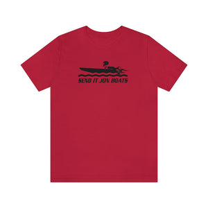 Red short sleeve tee with a black "SEND IT JON BOATS" graphic featuring a speed boat.