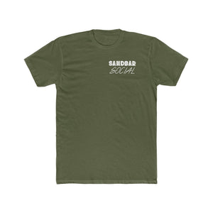 Olive green premium fitted short sleeve t-shirt with "SANDBAR SOCIAL" in white text on the chest.