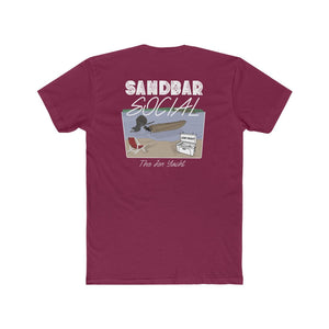 Maroon Sandbar Social t-shirt with a beach scene featuring a boat, chair, and cooler.