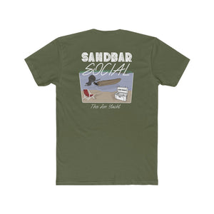 Olive green cotton t-shirt with "Sandbar Social" graphic featuring a boat, cooler, and beach chair.