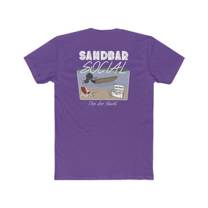 Purple "Sandbar Social" t-shirt with a boat, cooler, and chair graphic.