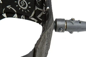 Close-up of a black and white patterned Sea Eagle 10' coiled SUP leash with a swivel attachment.