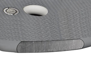 Close-up of a gray Sea Eagle 10.6sr inflatable drop stitch floor with textured EVA foam pad and inflation valve.