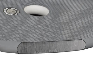 Close-up of a gray Sea Eagle 10.6sr inflatable drop stitch floor with textured EVA foam pad and inflation valve.