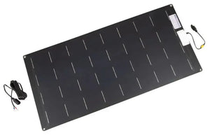 Sea Eagle 110 Watt semi-flexible black solar panel with charge controller and power cord.