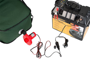 Red 12V plug adapter with alligator clips connected to a black battery box and a red electric pump.