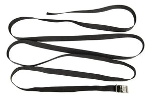 Black 13' nylon strap with a silver stainless steel buckle, coiled on a white background.