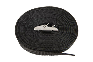 Coiled black 13' strap with a silver stainless steel buckle, for securing kayaks or SUPs.