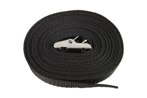 Coiled black 13' strap with a silver stainless steel buckle, for securing kayaks or SUPs.