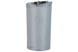 Light gray 25L ripstop nylon dry bag with roll-top buckle closure and reflective logo.