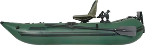 Hunter Green Sea Eagle 285 frameless inflatable pontoon fishing boat with an olive seat, oars, and rod holders.