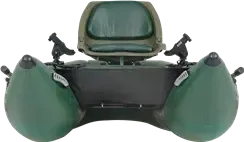 Hunter Green Sea Eagle 285 frameless inflatable pontoon fishing boat with a swivel seat and rod holders.
