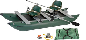 Dark Hunter Green Sea Eagle 375fc FoldCat inflatable fishing boat with two seats, oars, and accessories.