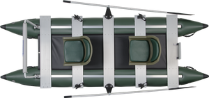 Dark Hunter Green Sea Eagle 375fc FoldCat inflatable fishing boat with two seats and oars.
