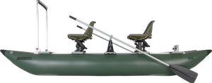 Dark Hunter Green Sea Eagle 375fc FoldCat inflatable fishing boat with two seats, oars, and a standing bar.