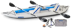Gray and blue Sea Eagle 385ft FastTrack inflatable kayak with two seats, paddles, pump, and carry bag.