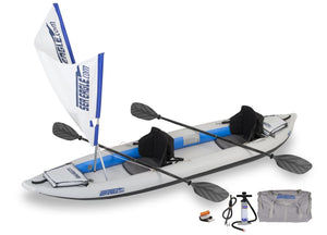 Gray and blue Sea Eagle 385ft FastTrack inflatable kayak with sail, paddles, pump, and carry bag.