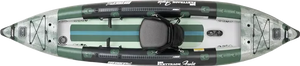 Overhead view of a green and white Sea Eagle 385fta FastTrack Angler inflatable kayak with a black seat.