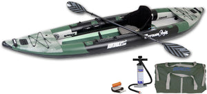 Green and black Sea Eagle 385fta FastTrack Angler inflatable kayak with paddle, pump, and carry bag.