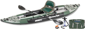 Green Sea Eagle 385fta FastTrack Angler inflatable kayak with seat, paddle, pump, and carry bag.