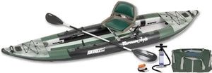 Green Sea Eagle 385fta FastTrack Angler inflatable kayak with seat, paddle, pump, and carry bag.