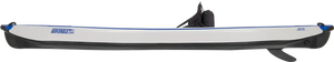 White and blue Sea Eagle 393rl RazorLite inflatable kayak with black fin and seat.