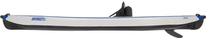 White and blue Sea Eagle 393rl RazorLite inflatable kayak with black fin and seat.