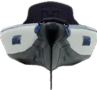 Front view of a white, blue, and black Sea Eagle 393rl RazorLite inflatable kayak with a sharp bow.