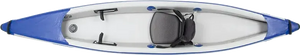 Top-down view of a blue and white Sea Eagle 393rl RazorLite inflatable kayak with a black seat and footrests.