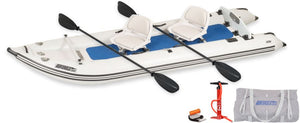 White Sea Eagle 437ps PaddleSki inflatable catamaran with two seats, paddles, pump, and carry bag.