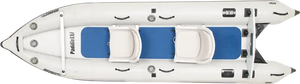 Top-down view of a white Sea Eagle 437ps PaddleSki inflatable catamaran with blue deck and two white seats.