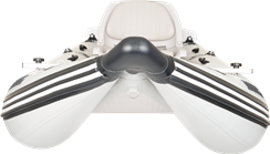 Top-down view of a white Sea Eagle 437ps PaddleSki inflatable catamaran boat with black stripes.