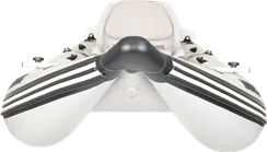Top-down view of a white Sea Eagle 437ps PaddleSki inflatable catamaran boat with black stripes.