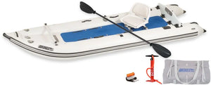 White Sea Eagle 437ps PaddleSki inflatable catamaran boat with a paddle, seat, pump, and carry bag.