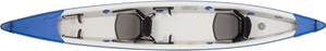 Top-down view of a white and blue Sea Eagle 473rl inflatable tandem kayak with two gray seats.
