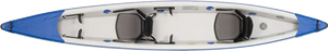 Top-down view of a white and blue Sea Eagle 473rl inflatable tandem kayak with two gray seats.